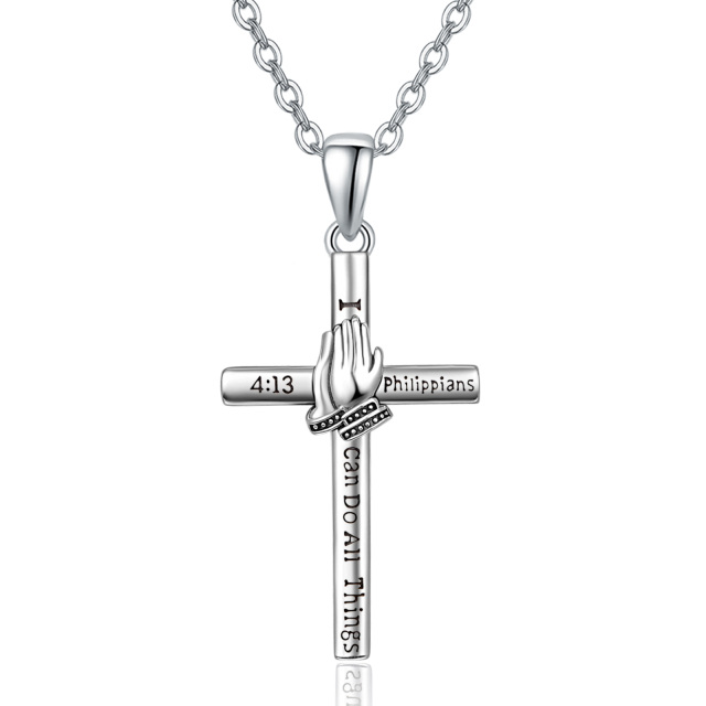 Collier en argent sterling avec pendentif croix et main en prière avec mot gravé-1