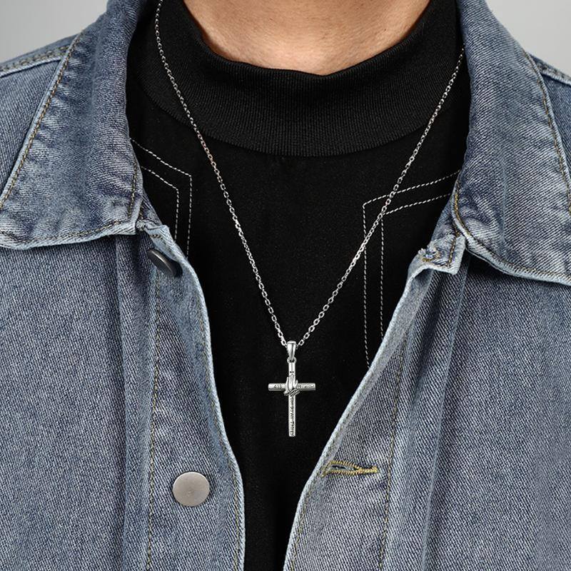 Collier en argent sterling avec pendentif croix et main en prière avec mot gravé-3