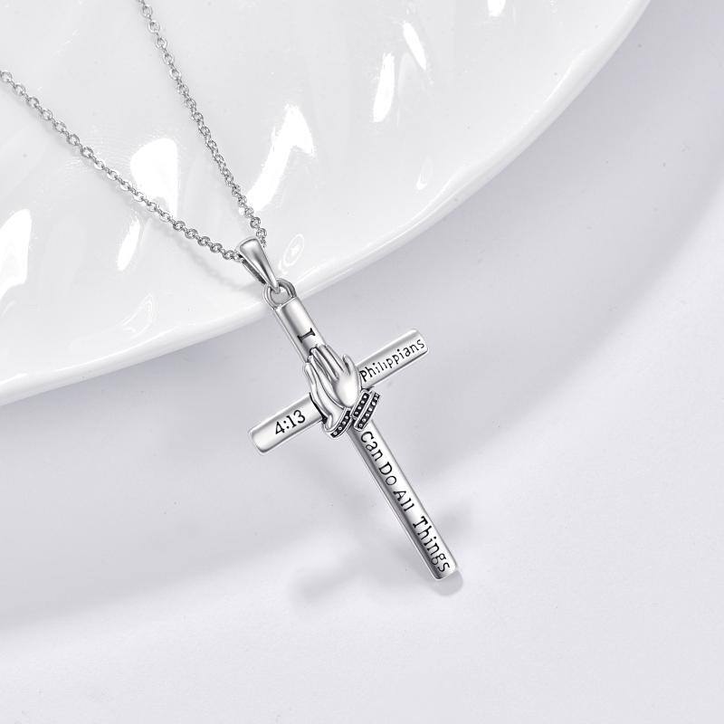 Sterling Silver Cross & Hand Praying Pendant Necklace with Engraved Word-4