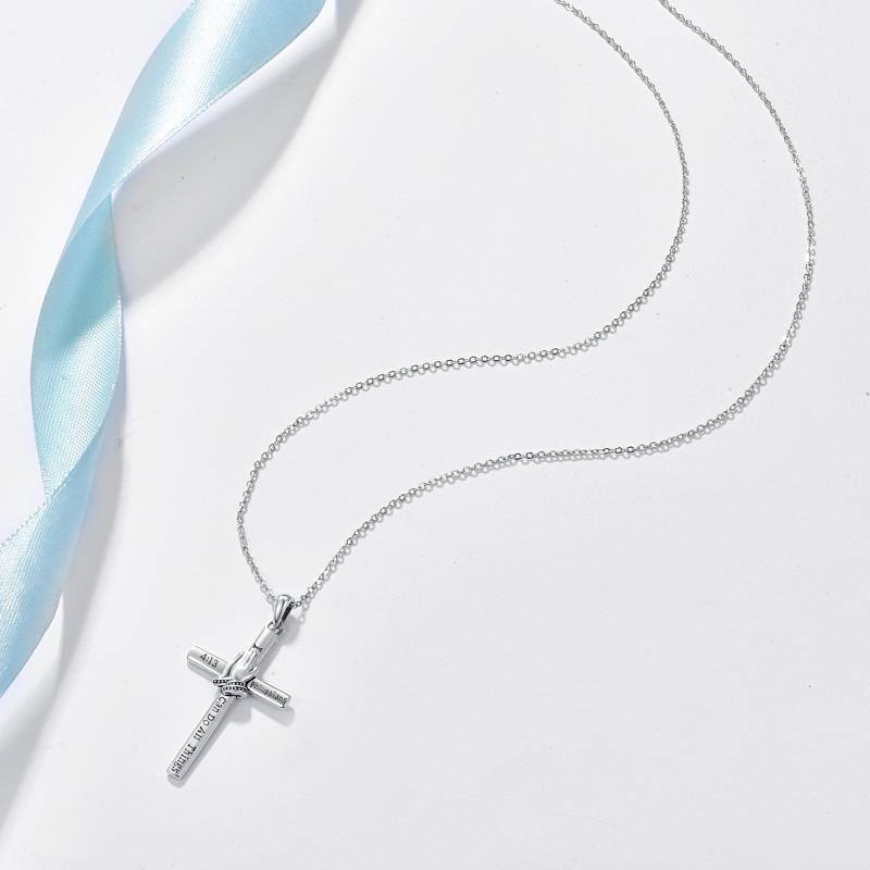 Sterling Silver Cross & Hand Praying Pendant Necklace with Engraved Word-5