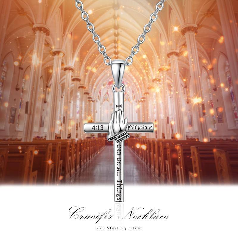 Sterling Silver Cross & Hand Praying Pendant Necklace with Engraved Word-6