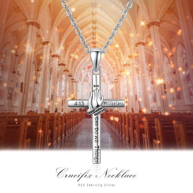 Sterling Silver Cross & Hand Praying Pendant Necklace with Engraved Word-6