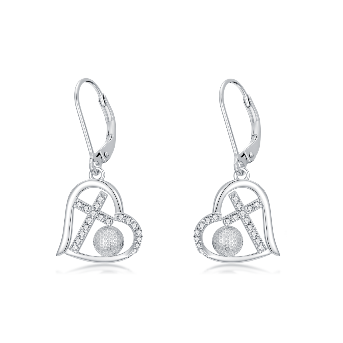 Sterling Silver Cubic Zirconia Cross & Heart Lever-back Earrings-1