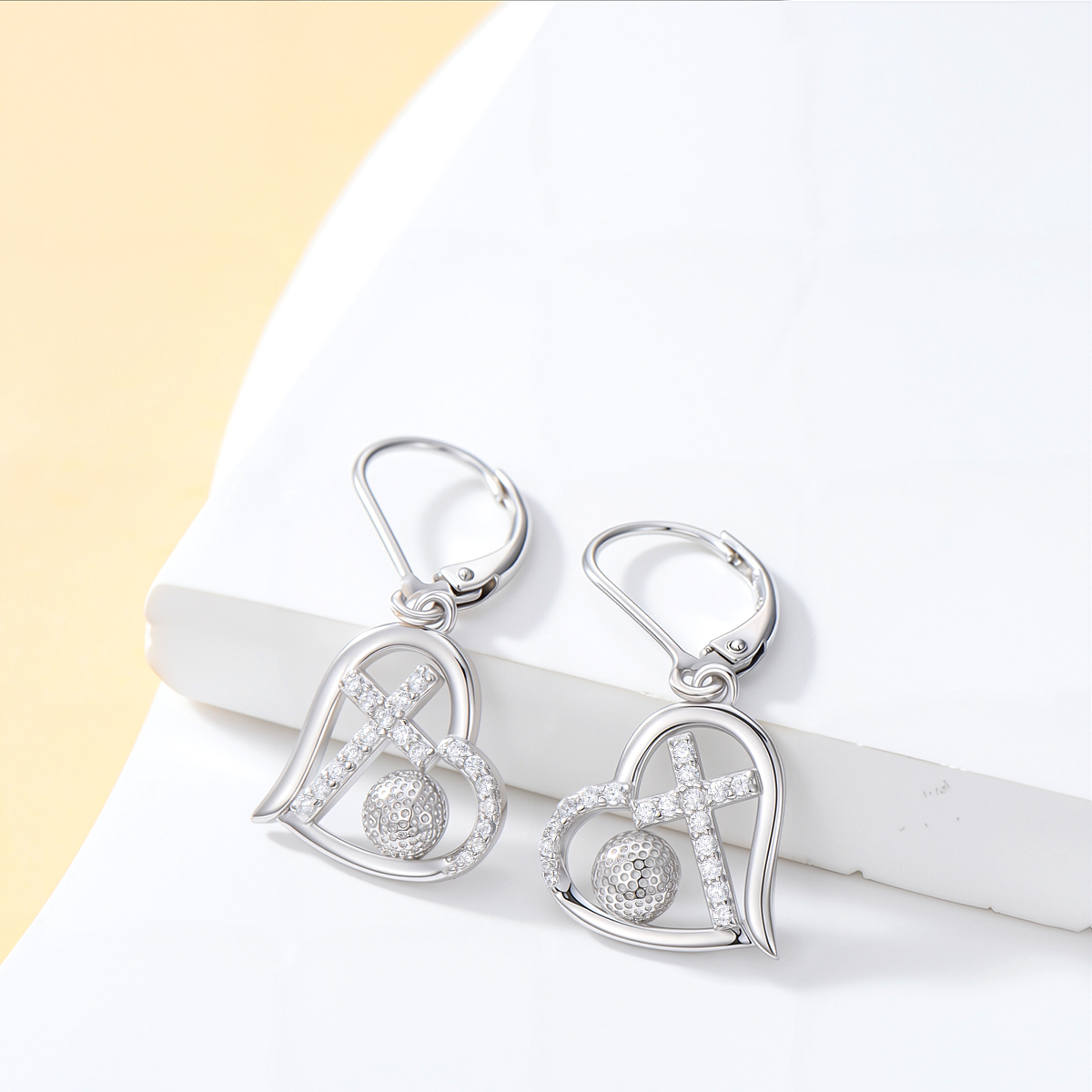 Sterling Silver Cubic Zirconia Cross & Heart Lever-back Earrings-2
