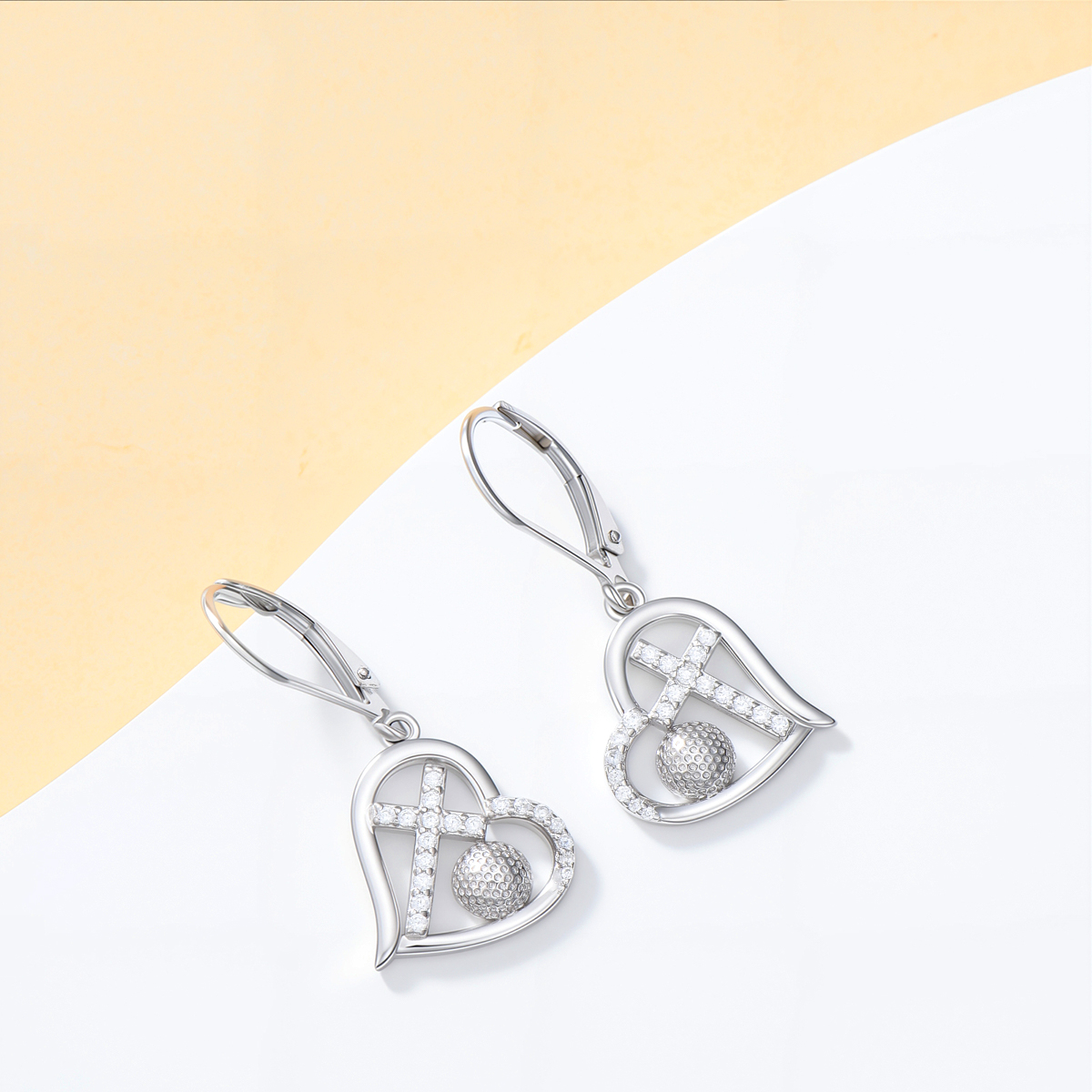 Sterling Silver Cubic Zirconia Cross & Heart Lever-back Earrings-3