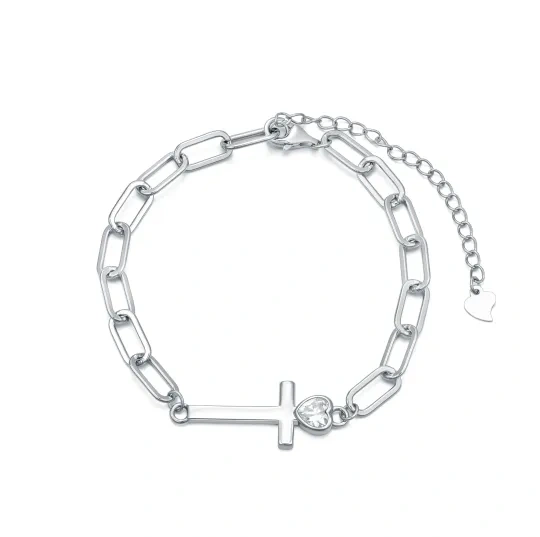 Sterling Silber Cubic Zirkonia Kreuz & Herz Büroklammer Kette Armband