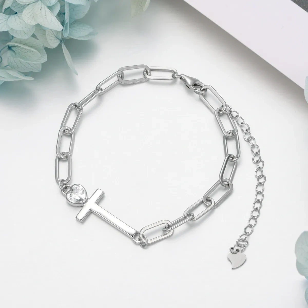 Bracelet en argent sterling avec croix et coeur en zircon cubique-3