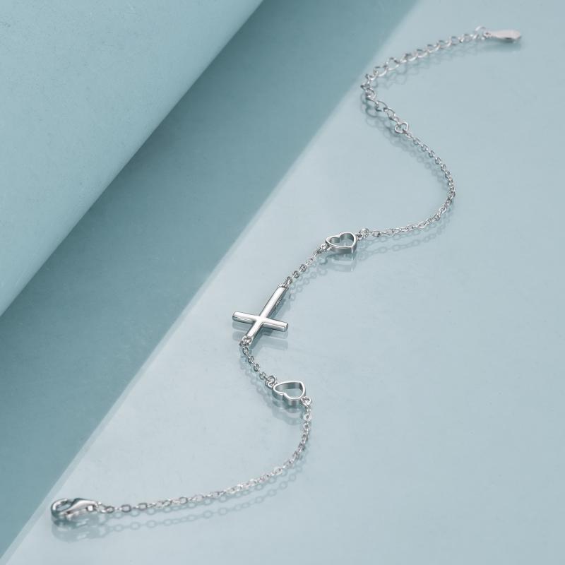 Sterling Silber Kreuz & Herz-Anhänger-Armband-4