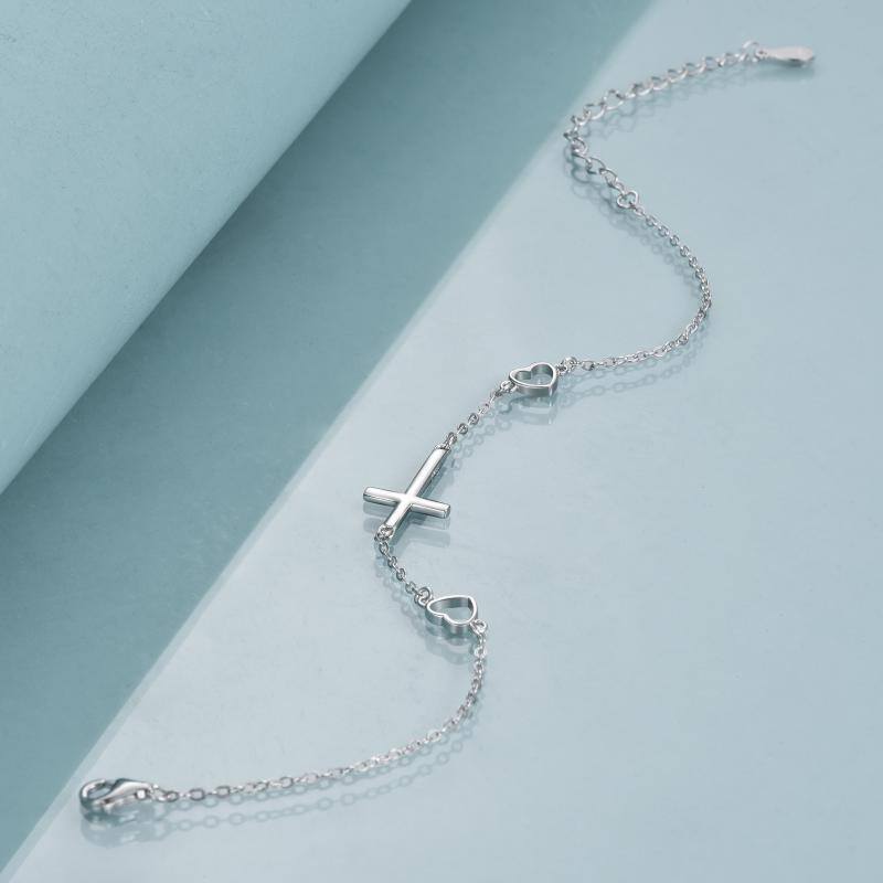 Sterling Silver Cross & Heart Charm Bracelet-4