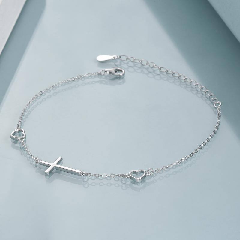 Sterling Silver Cross & Heart Charm Bracelet-5