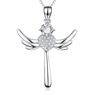 Sterling Silver Cubic Zirconia Angel Wing Heart Necklace for Women-20