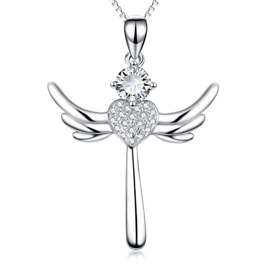 Sterling Silver Cubic Zirconia Angel Wing Heart Necklace for Women