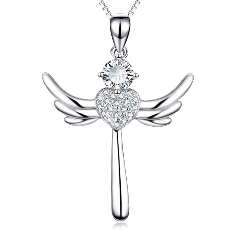Sterling Silver Cubic Zirconia Angel Wing Heart Necklace for Women-2