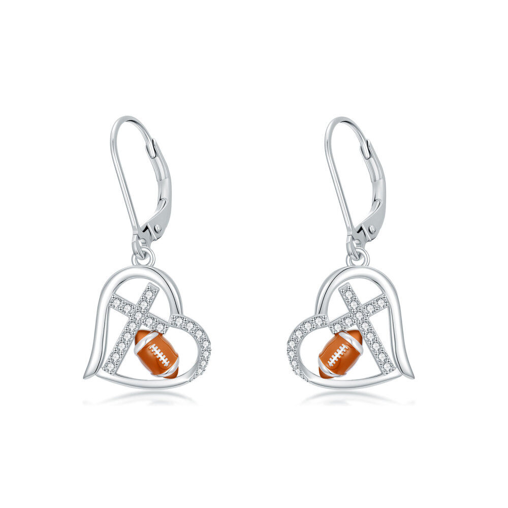 Sterling Silver Cubic Zirconia Cross & Heart & Rugby Lever-back Earrings-1