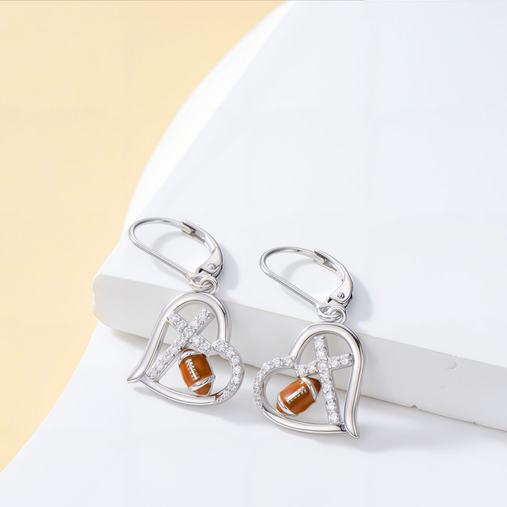 Sterling Silver Cubic Zirconia Cross & Heart & Rugby Lever-back Earrings-2