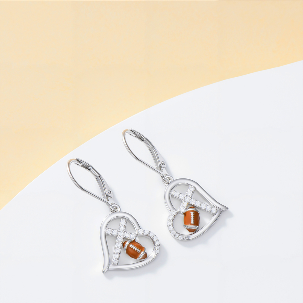 Sterling Silver Cubic Zirconia Cross & Heart & Rugby Lever-back Earrings-3