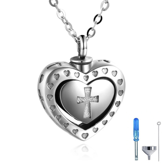 Collana con croce e cuore in argento sterling per le ceneri