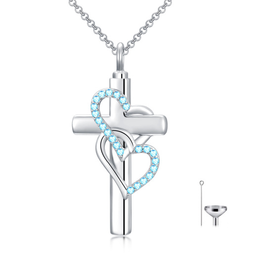 Sterling Silber Cubic Zirkonia Kreuz & Herz mit Herz Urne Halskette für Asche