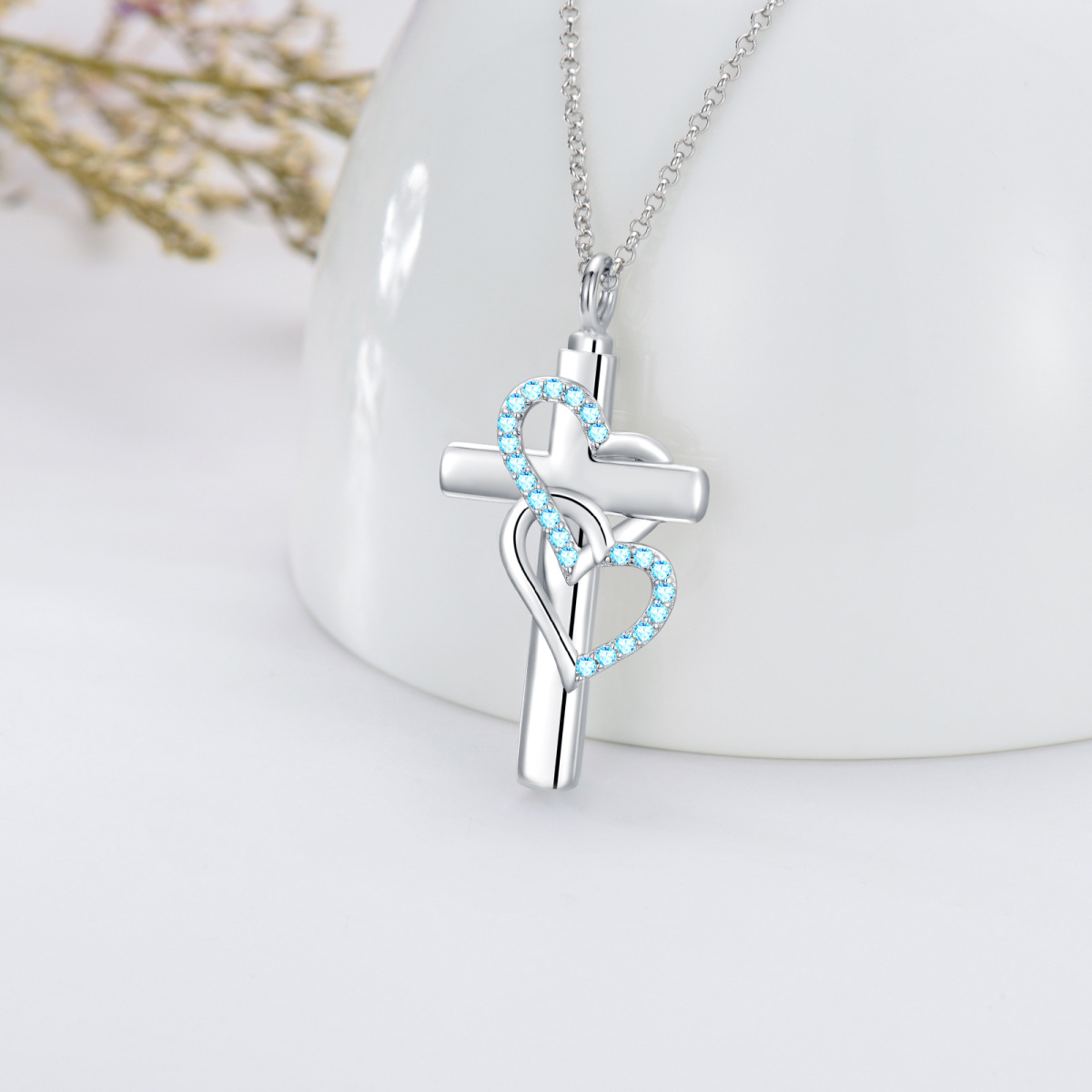 Sterling Silver Cubic Zirconia Cross & Heart With Heart Urn Necklace For Ashes-4