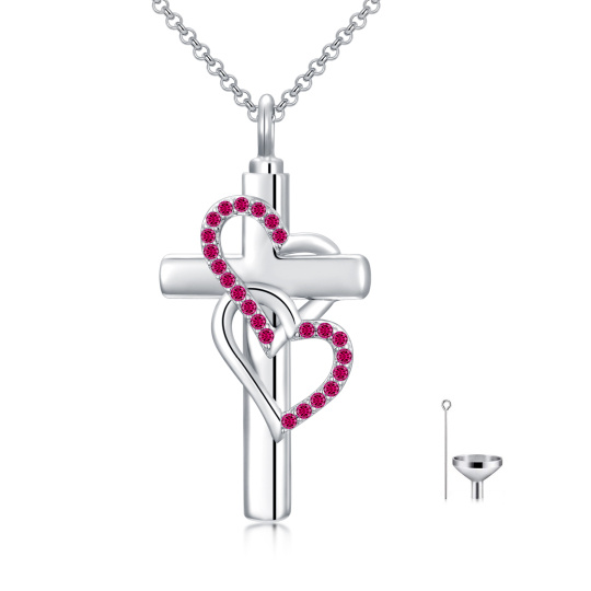 Sterling Silver Cubic Zirconia Cross & Heart With Heart Urn Necklace For Ashes