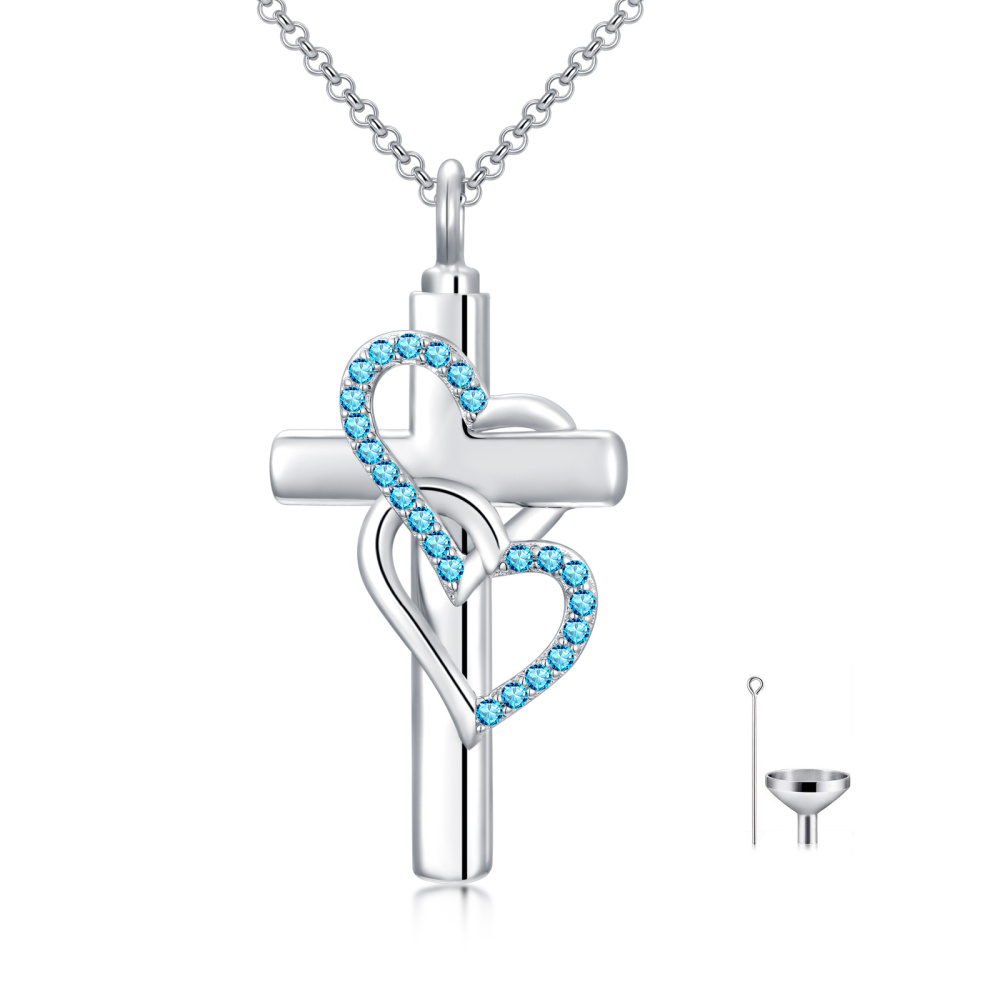 Colar de prata esterlina com cruz de zircônia cúbica e coração com urna em forma de coração para cinzas-1