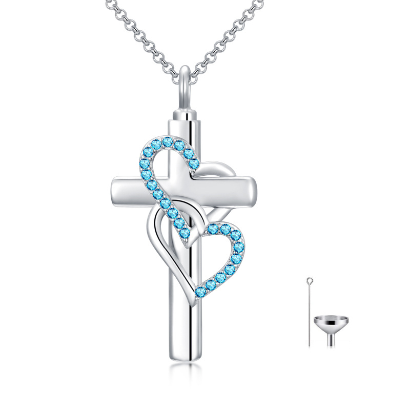 Sterling Silver Cubic Zirconia Cross & Heart With Heart Urn Necklace For Ashes-12