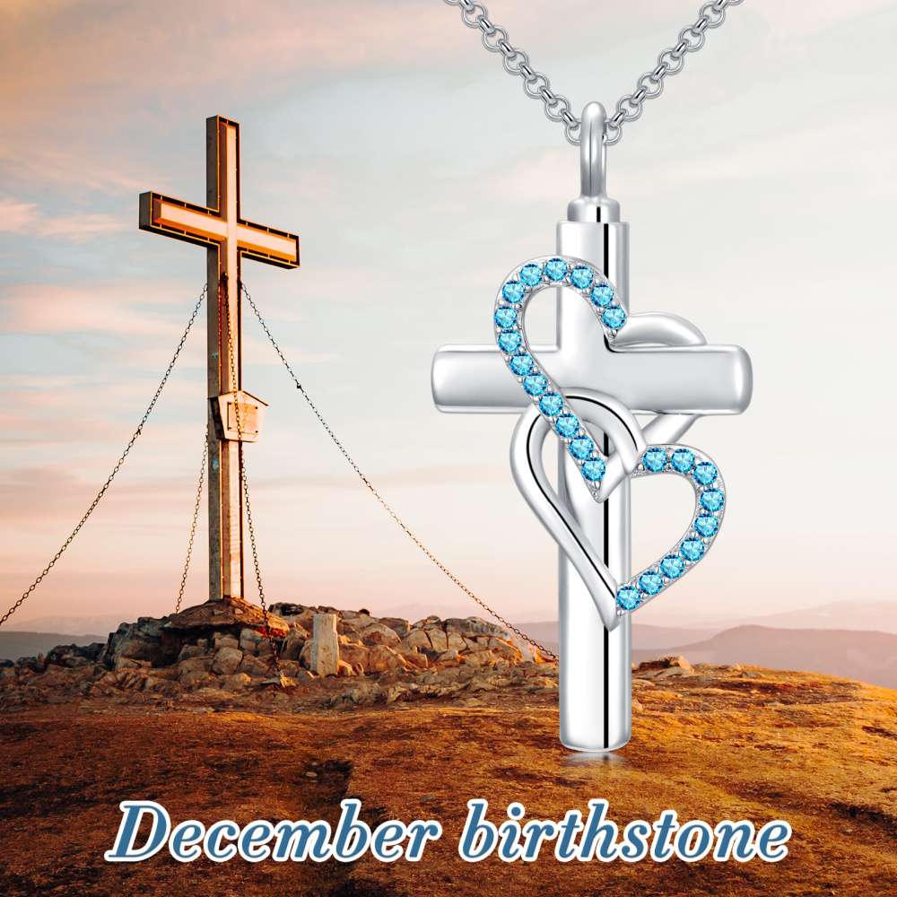 Colar de prata esterlina com cruz de zircônia cúbica e coração com urna em forma de coração para cinzas-5