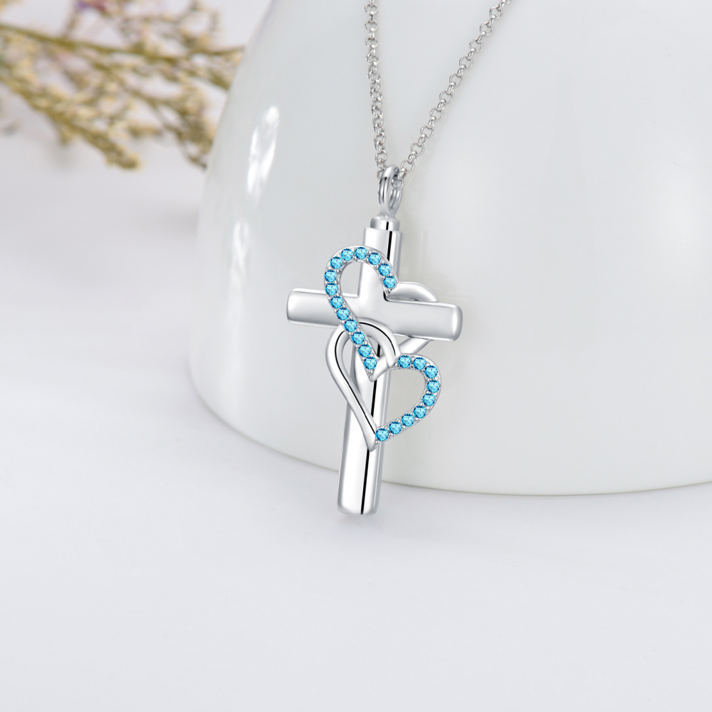 Colar de prata esterlina com cruz de zircônia cúbica e coração com urna em forma de coração para cinzas-3