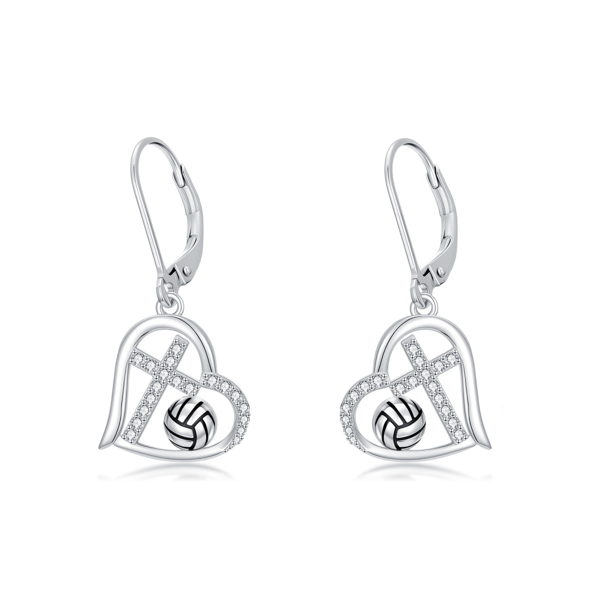 Sterling Silver Cubic Zirconia Cross & Heart & Volleyball Lever-back Earrings-1