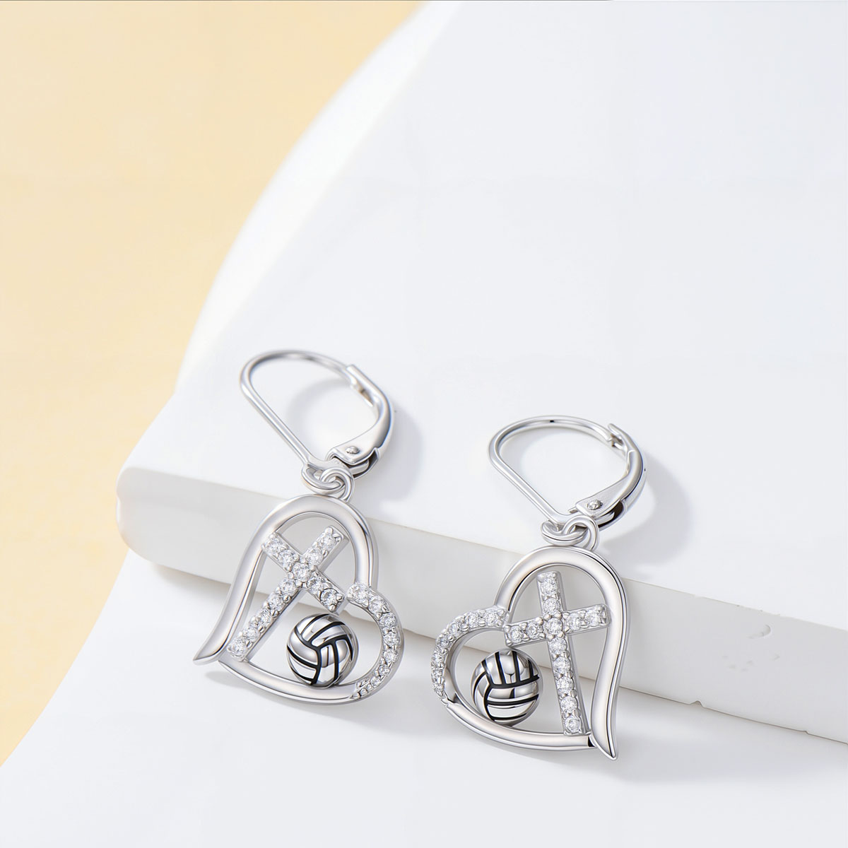 Sterling Silver Cubic Zirconia Cross & Heart & Volleyball Lever-back Earrings-2