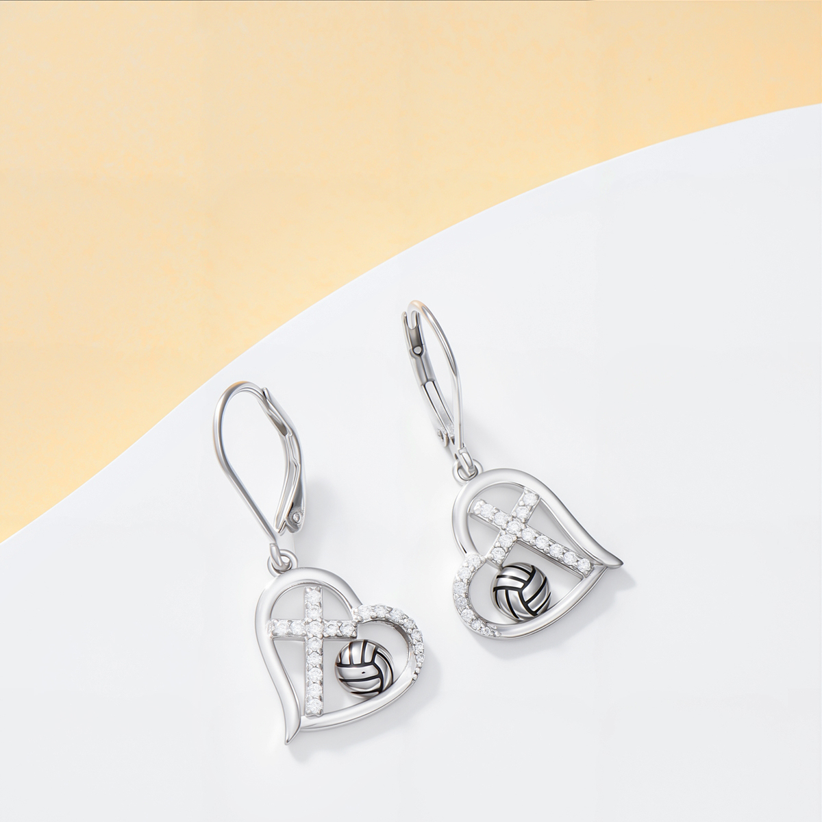 Sterling Silver Cubic Zirconia Cross & Heart & Volleyball Lever-back Earrings-3