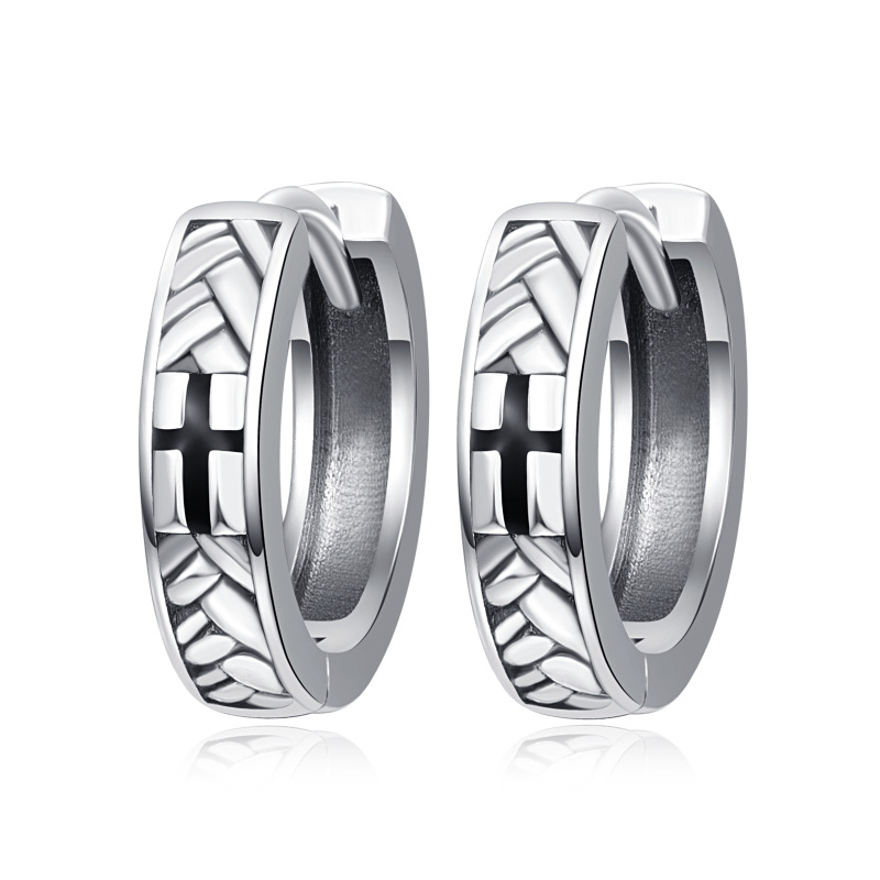 Sterling Silver Cross Hoop Earrings for Men