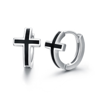 Sterling Silver Cross Hoop Earrings-3