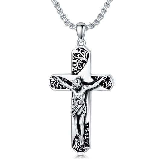 Collana con ciondolo a forma di croce e Gesù in argento 925 per uomo con catena a scatola