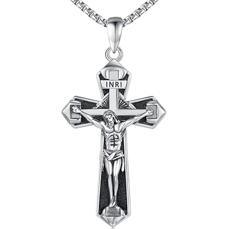 Sterling Silver Cross & Jesus Pendant Necklace for Men-1