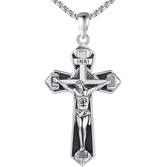 Sterling Silver Cross & Jesus Pendant Necklace for Men