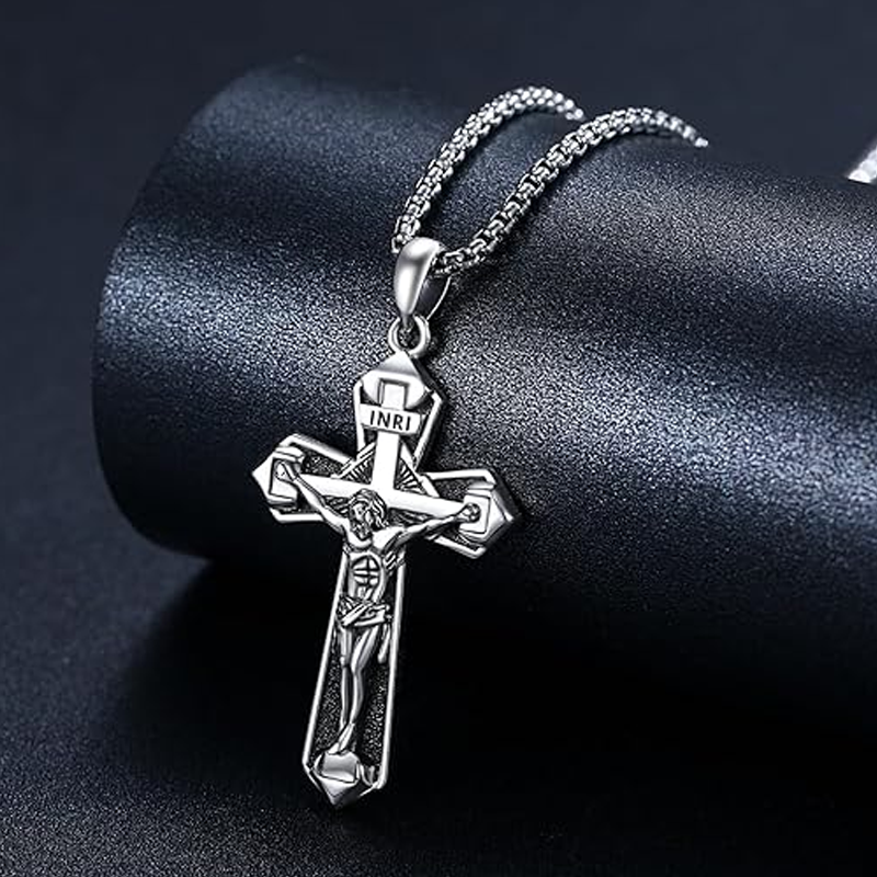 Sterling Silver Cross & Jesus Pendant Necklace for Men-2