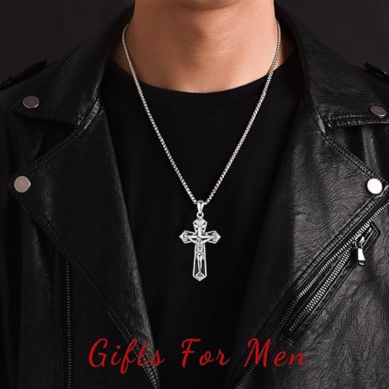 Sterling Silver Cross & Jesus Pendant Necklace for Men-5