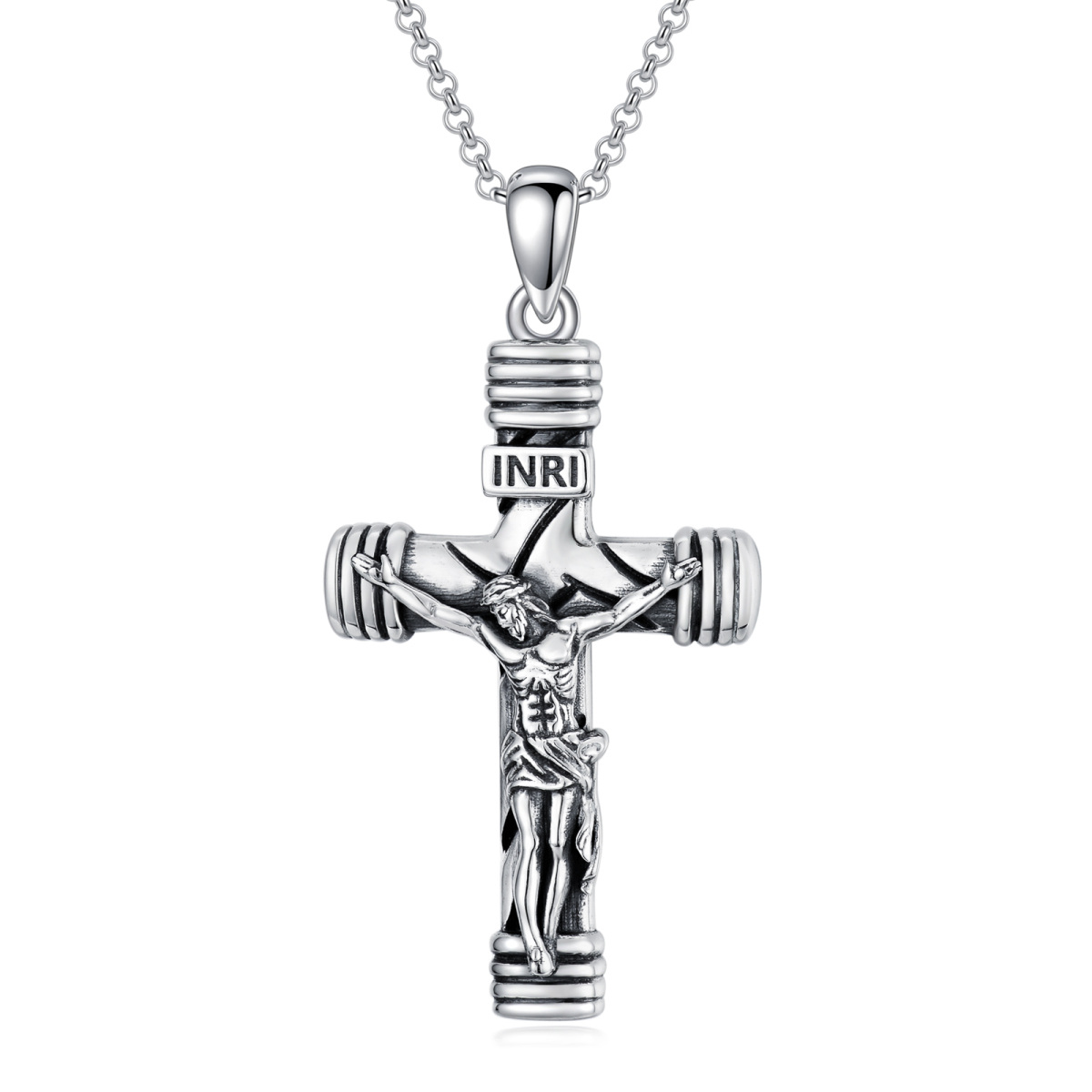 Sterling Silver Cross & Jesus Pendant Necklace for Men-1