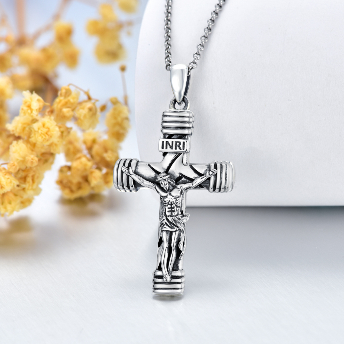 Sterling Silver Cross & Jesus Pendant Necklace for Men-3