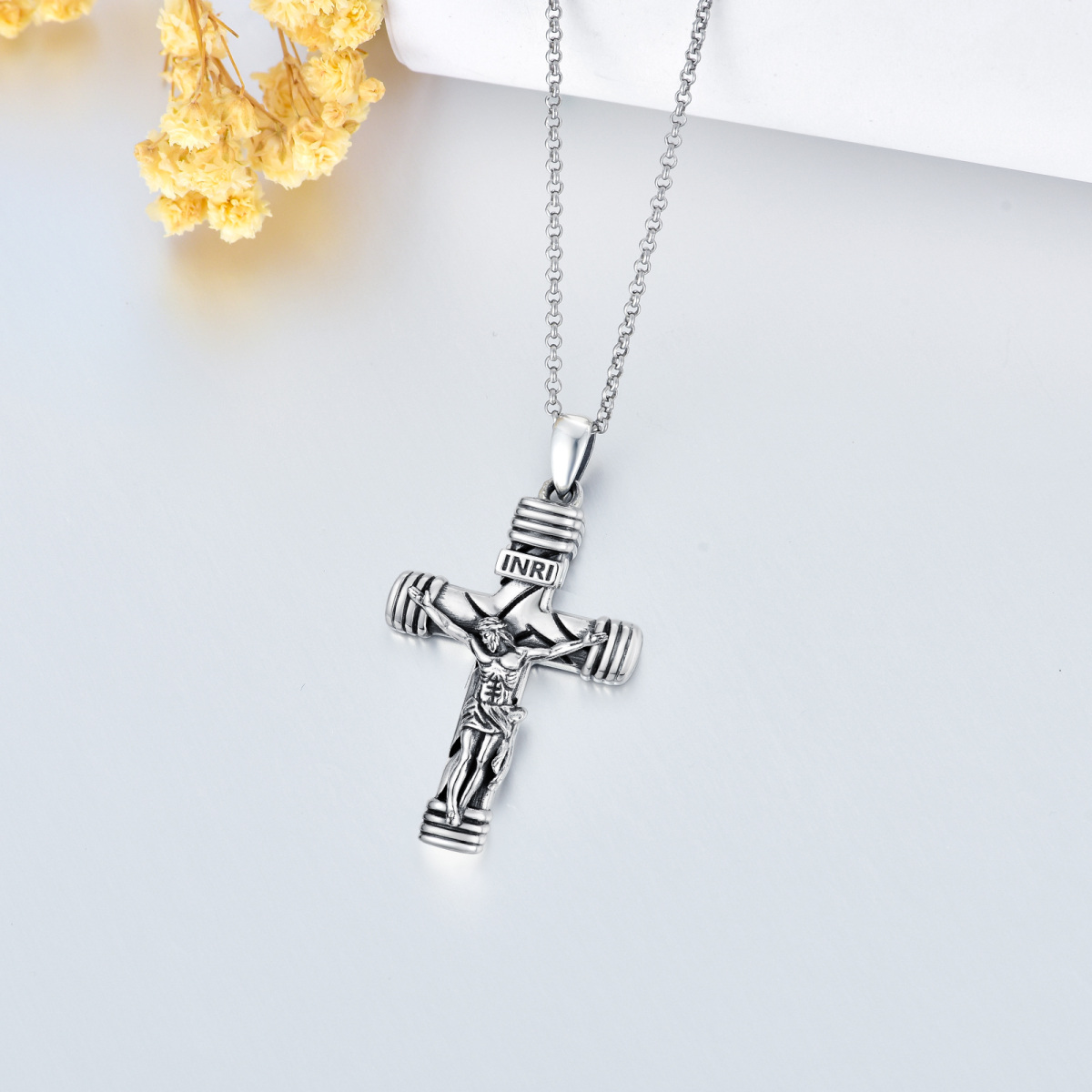 Cruz de plata de ley y Jesús colgante collar para hombres-4