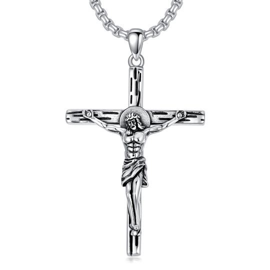 Sterling Silver Cross & Jesus Pendant Necklace for Men-1