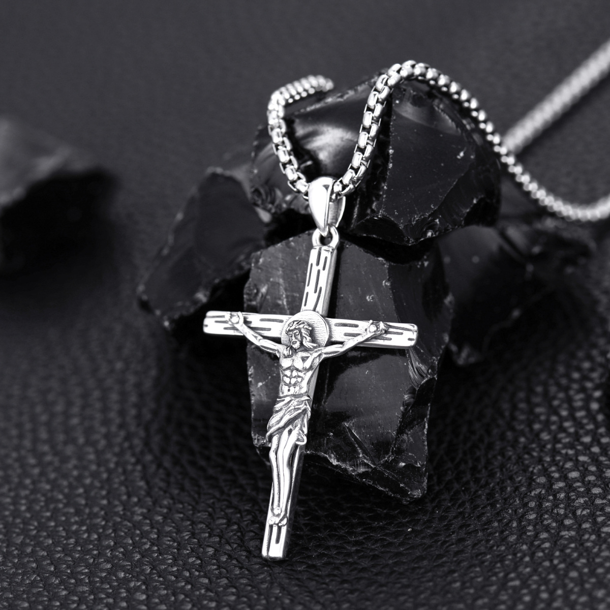 Sterling Silver Cross & Jesus Pendant Necklace for Men-3