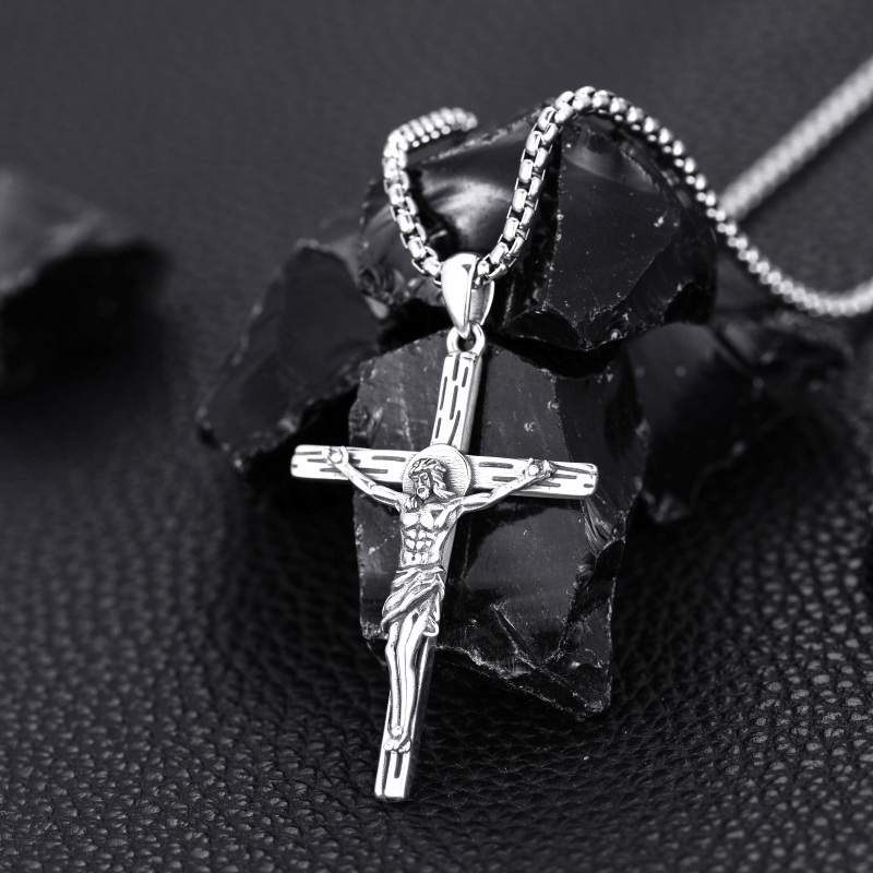 Sterling Silver Cross & Jesus Pendant Necklace for Men-3