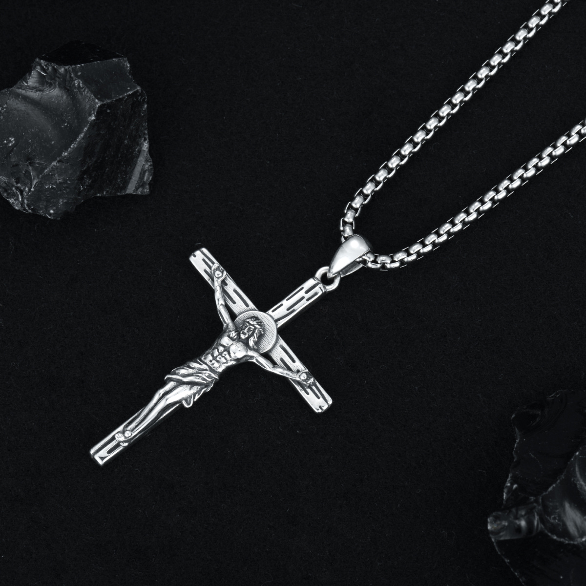 Sterling Silver Cross & Jesus Pendant Necklace for Men-4