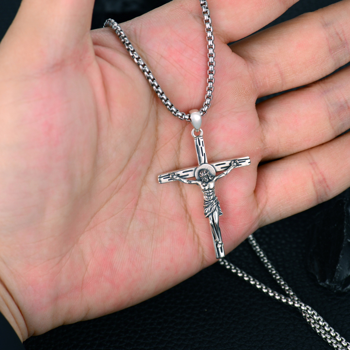 Sterling Silver Cross & Jesus Pendant Necklace for Men-5