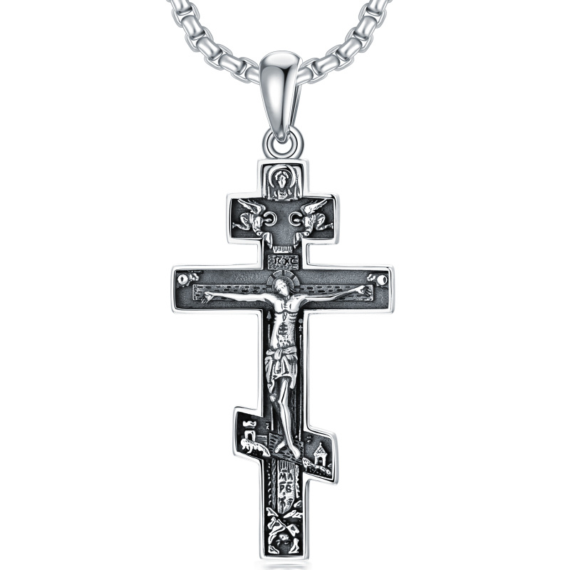 Sterling Silver Cross Jesus Pendant Necklace for Men-1