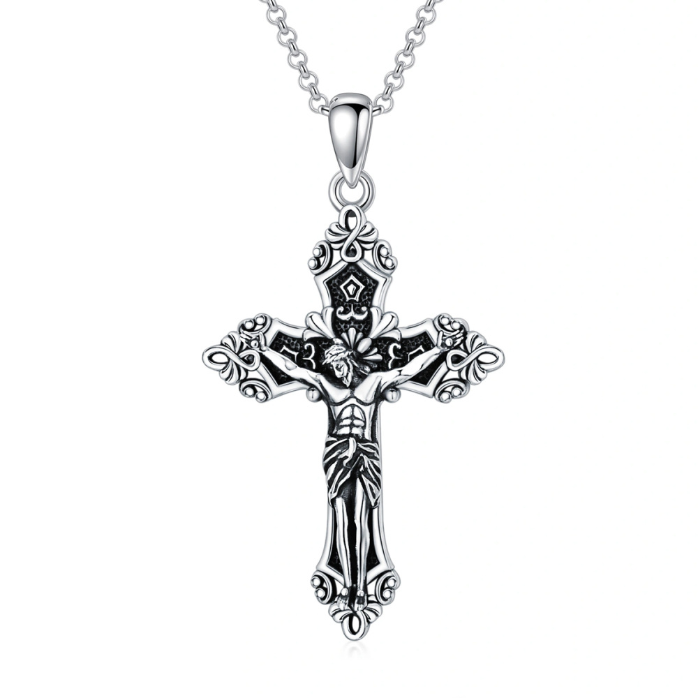 Sterling Zilveren Kruis & Jezus Hanger Halsketting met Rolo Ketting-1