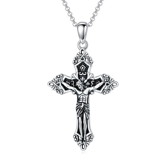 Sterling Silver Cross & Jesus Pendant Necklace with Rolo Chain