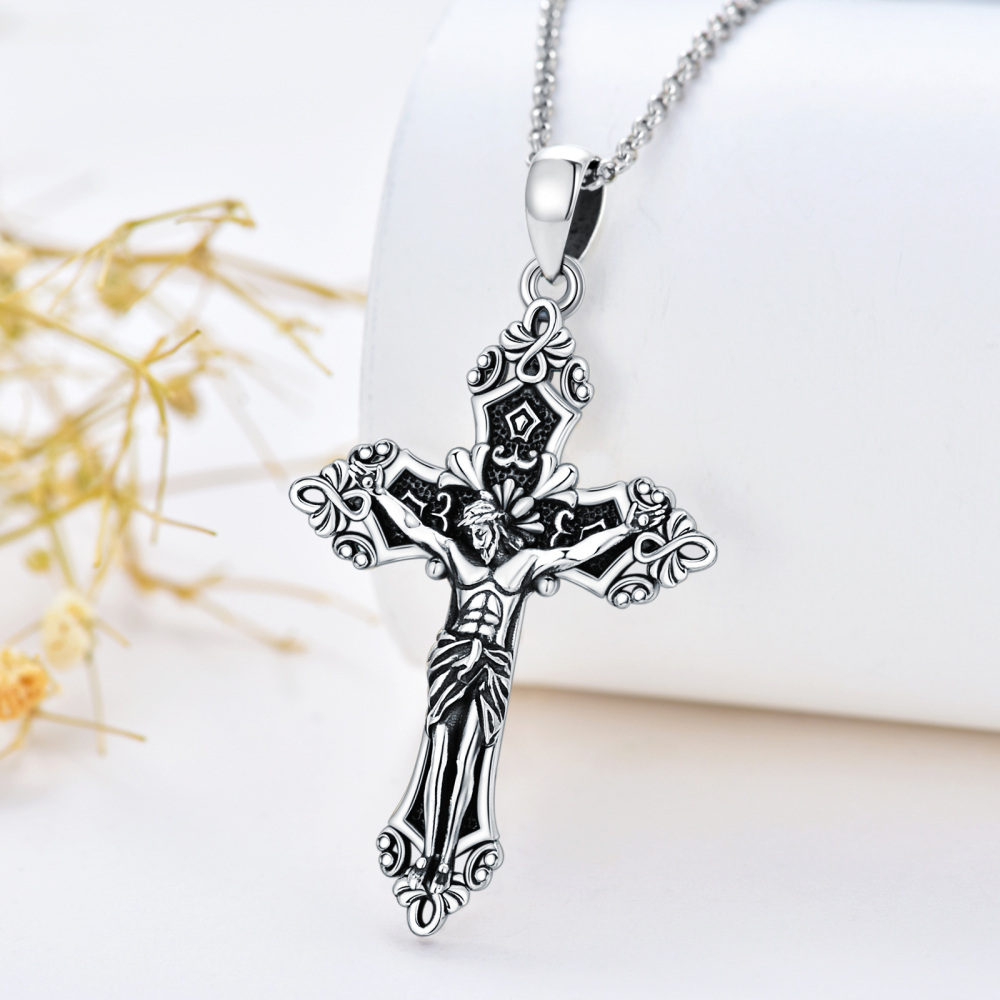 Sterling Zilveren Kruis & Jezus Hanger Halsketting met Rolo Ketting-3